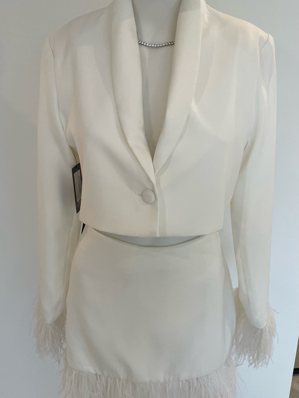 Etiquette Clothiers Ivory Cropped Blazer with Feather Trim
